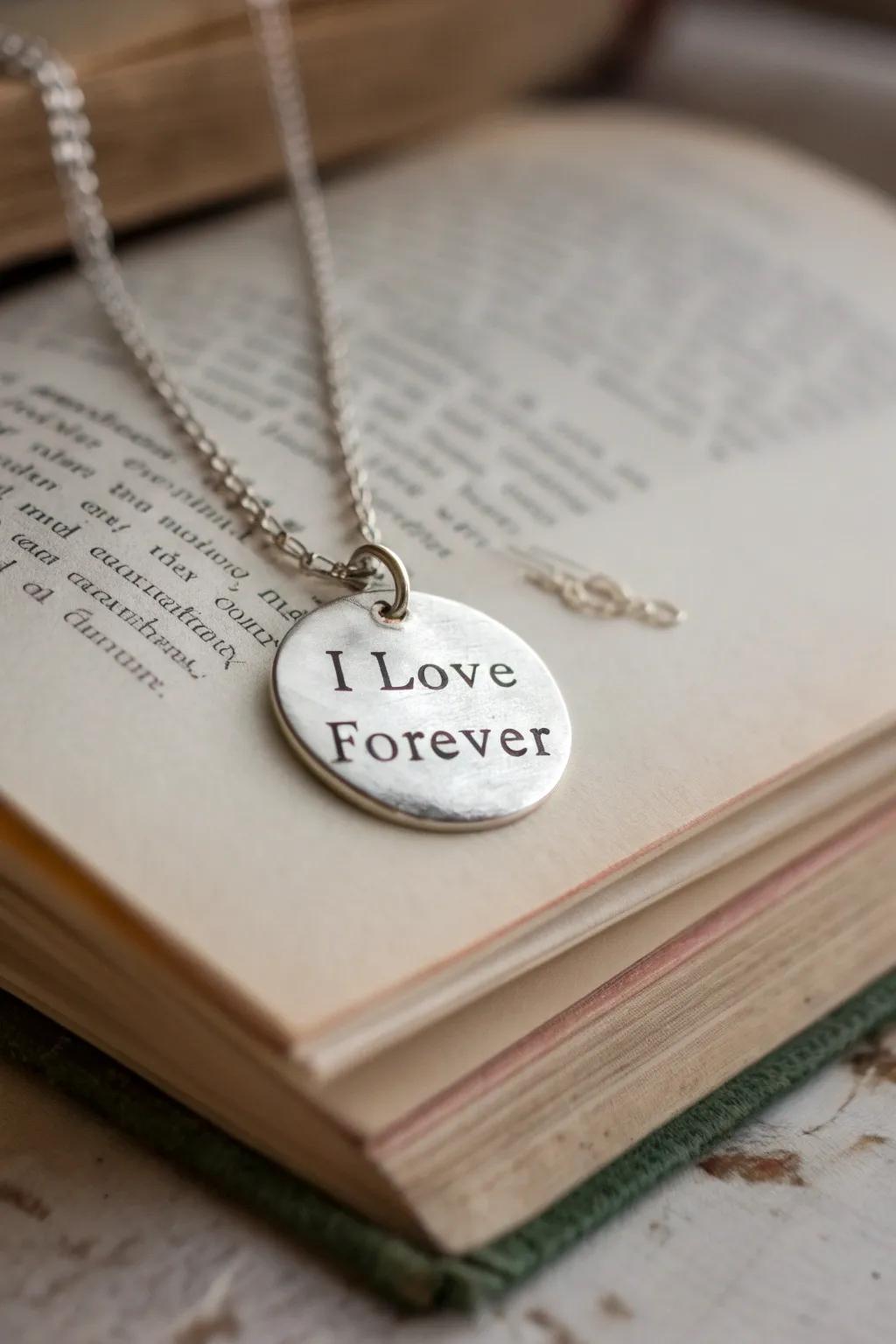 A meaningful necklace showcasing an engraved, heartfelt quote.