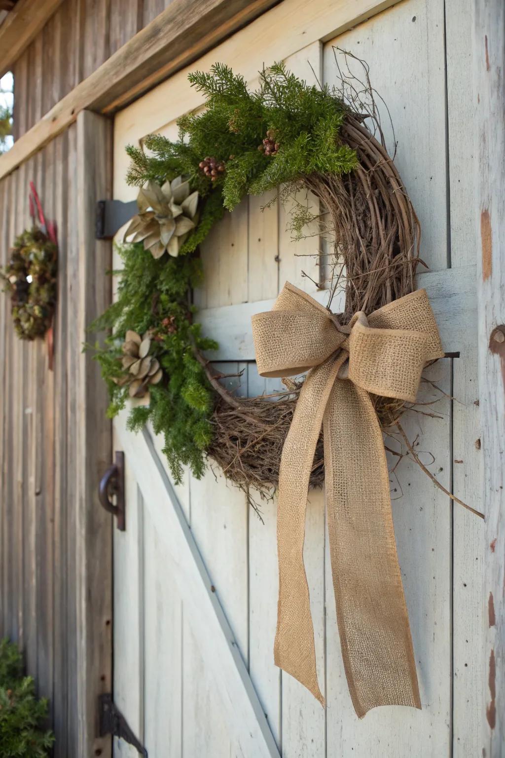 An unrefined grapevine wreath featuring burlap and a bow.