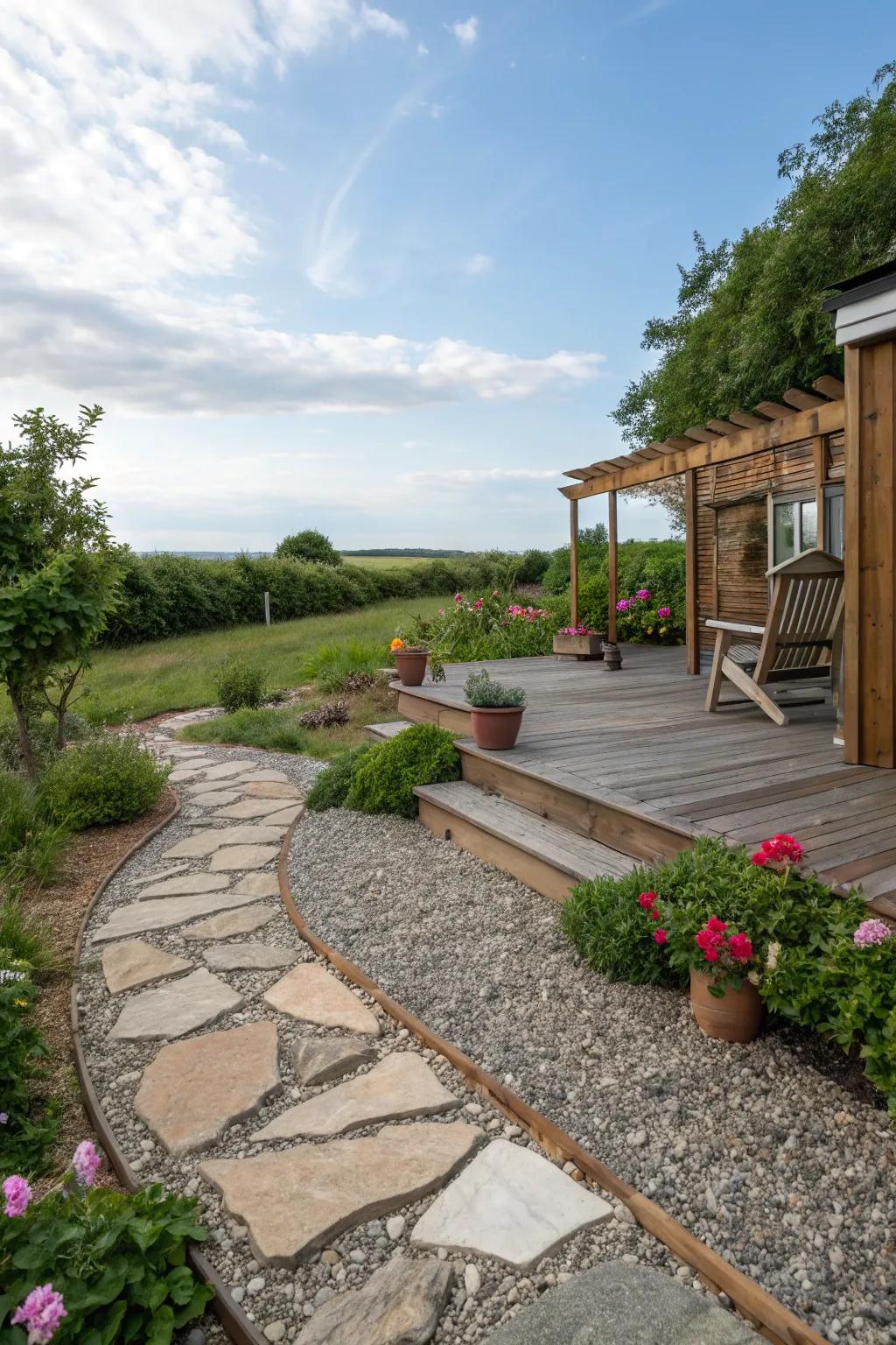 A gravel patio elegantly paired with stone walkways and a timber platform.