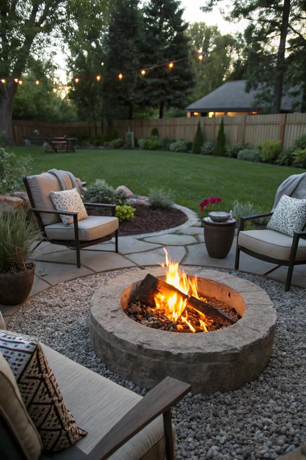 A comfortable fire pit area with chippings that's perfect for social events.