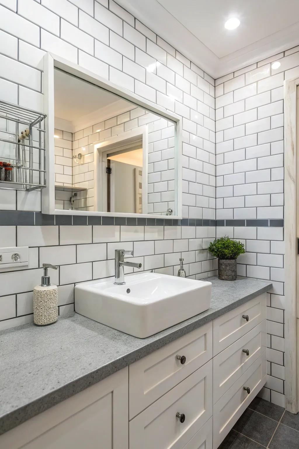 White straight tiles with gray filling present an enduring elegance.