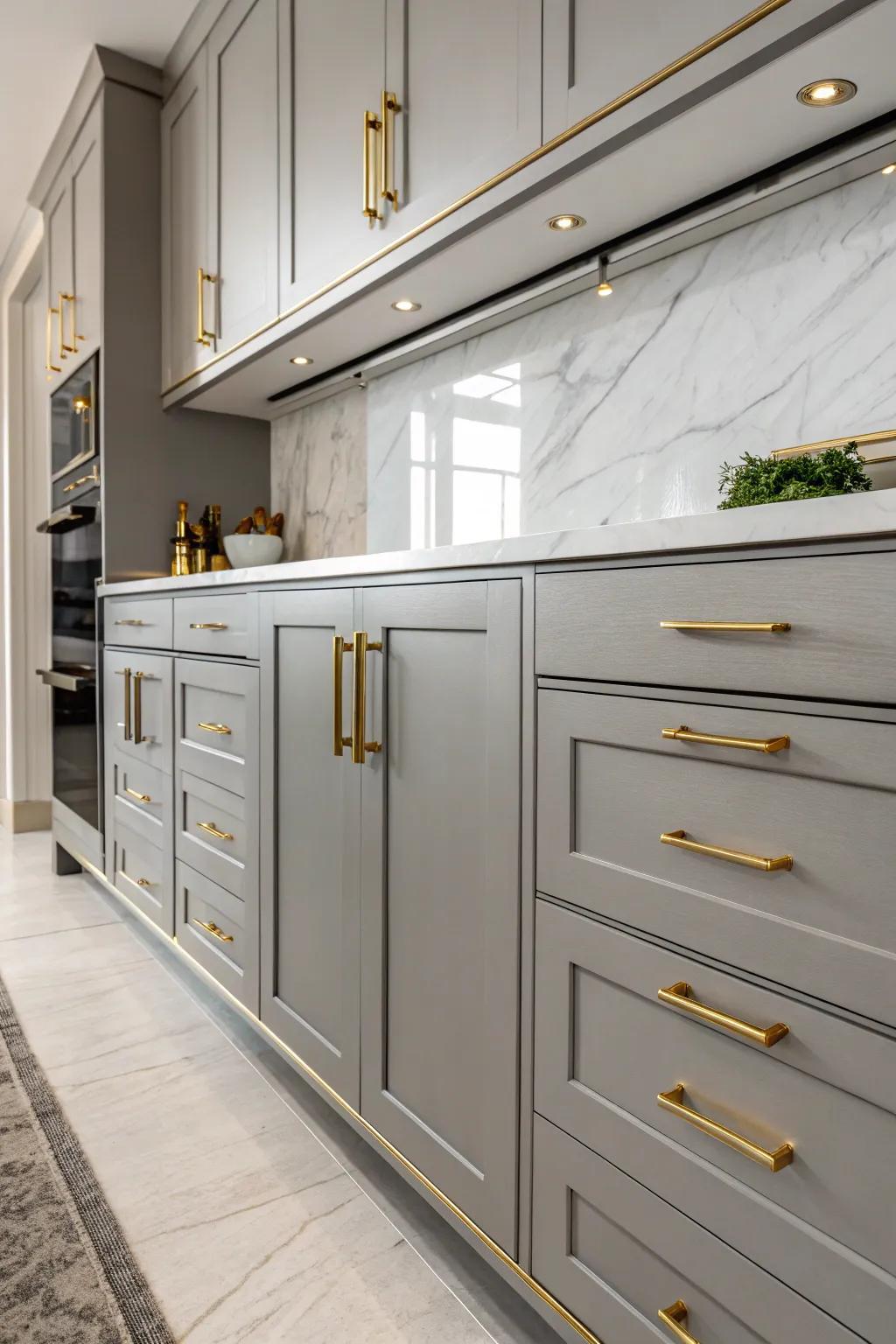 Gilded hardware bestows a sense of grandeur upon gray cabinets.