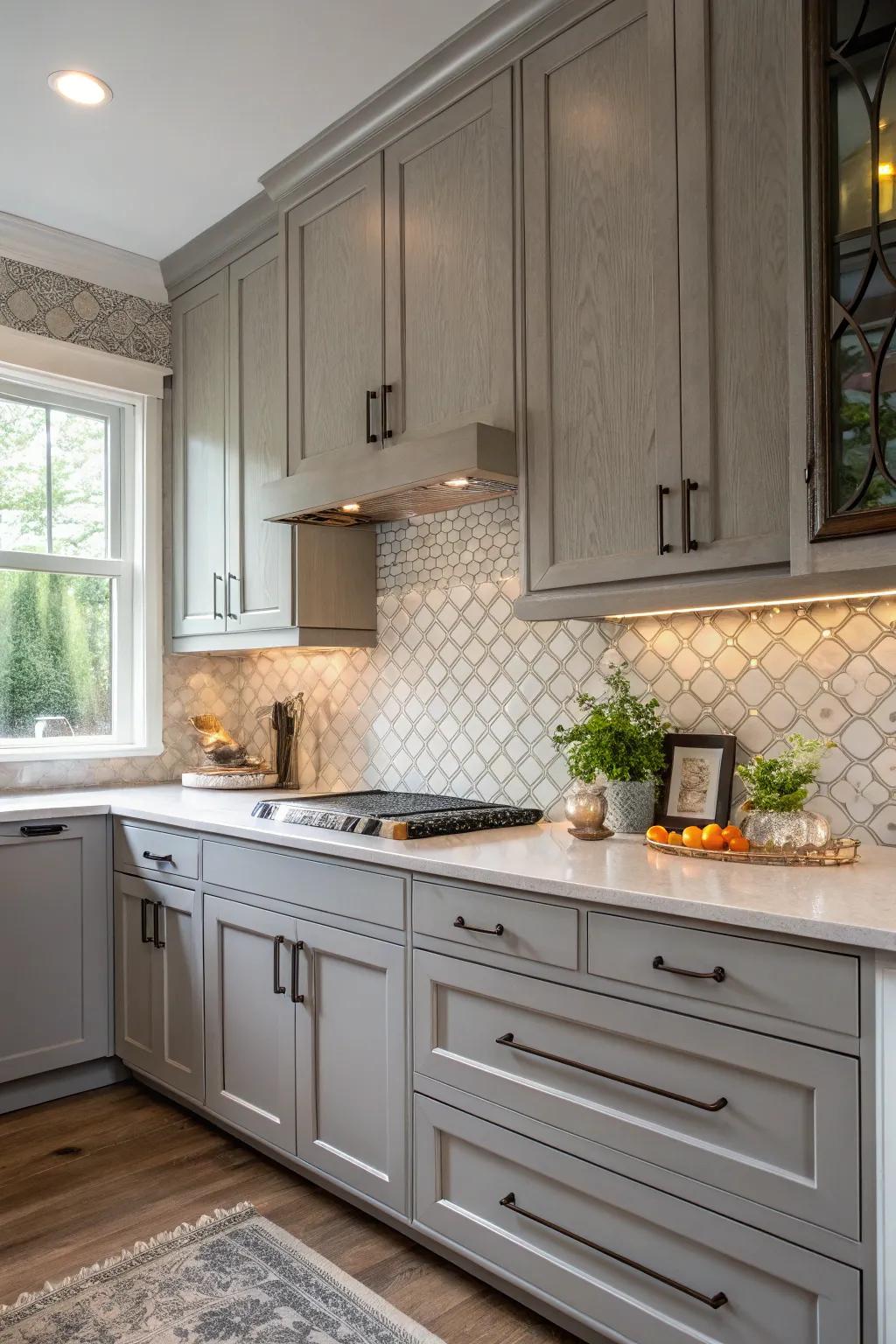 Textured tiles beautifully complement the smooth texture of gray cabinets.