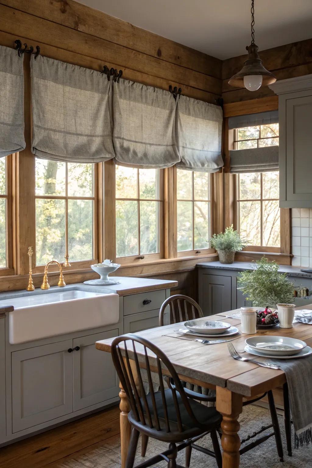 Gray top treatments impart a sophisticated architectural interest to your kitchen windows.