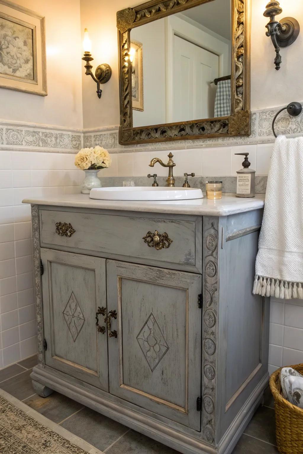 A vintage gray vanity adds timeless charm to the bathroom.