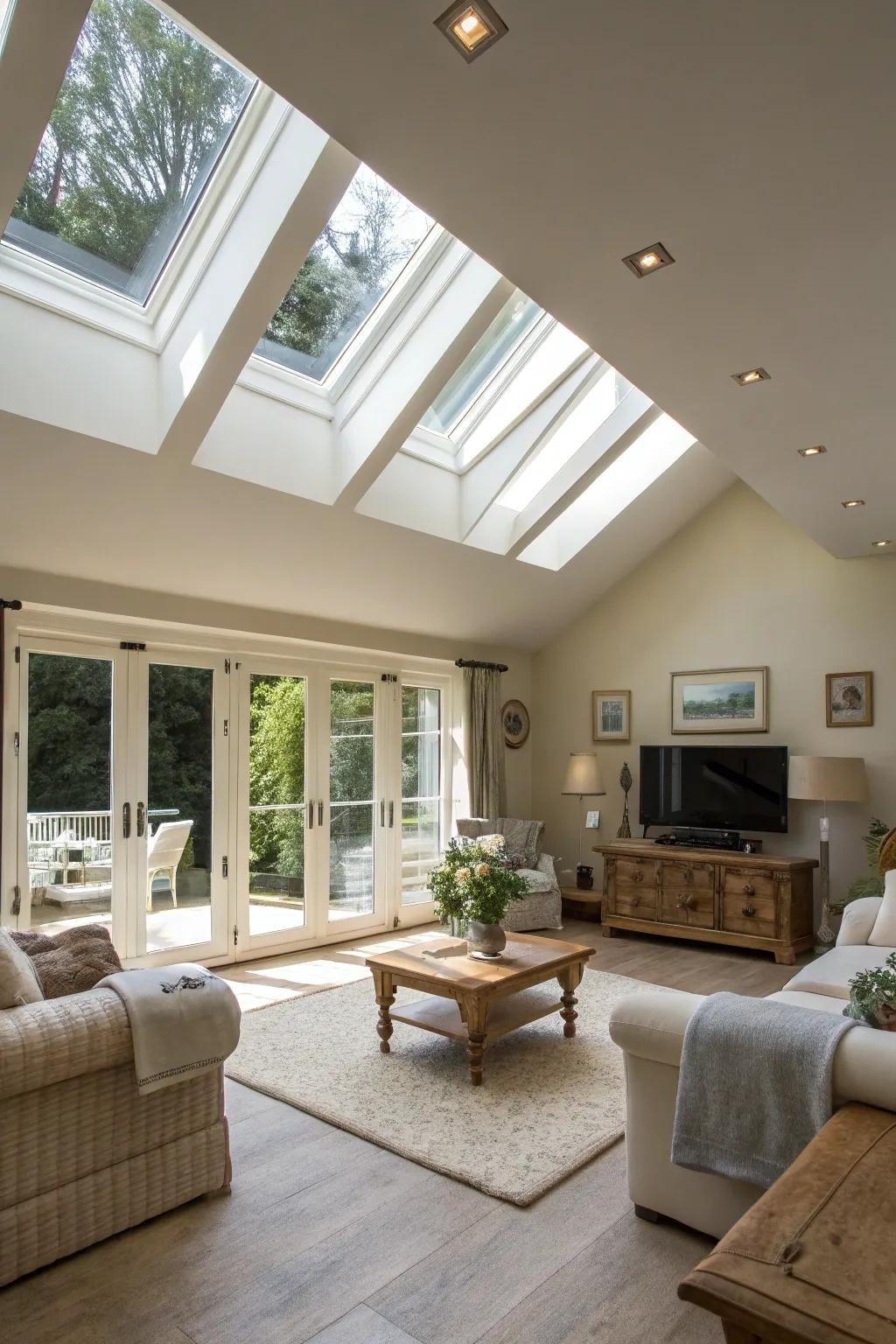Overhead windows brighten up a living room with a high ceiling, resulting in a radiant and airy ambiance.