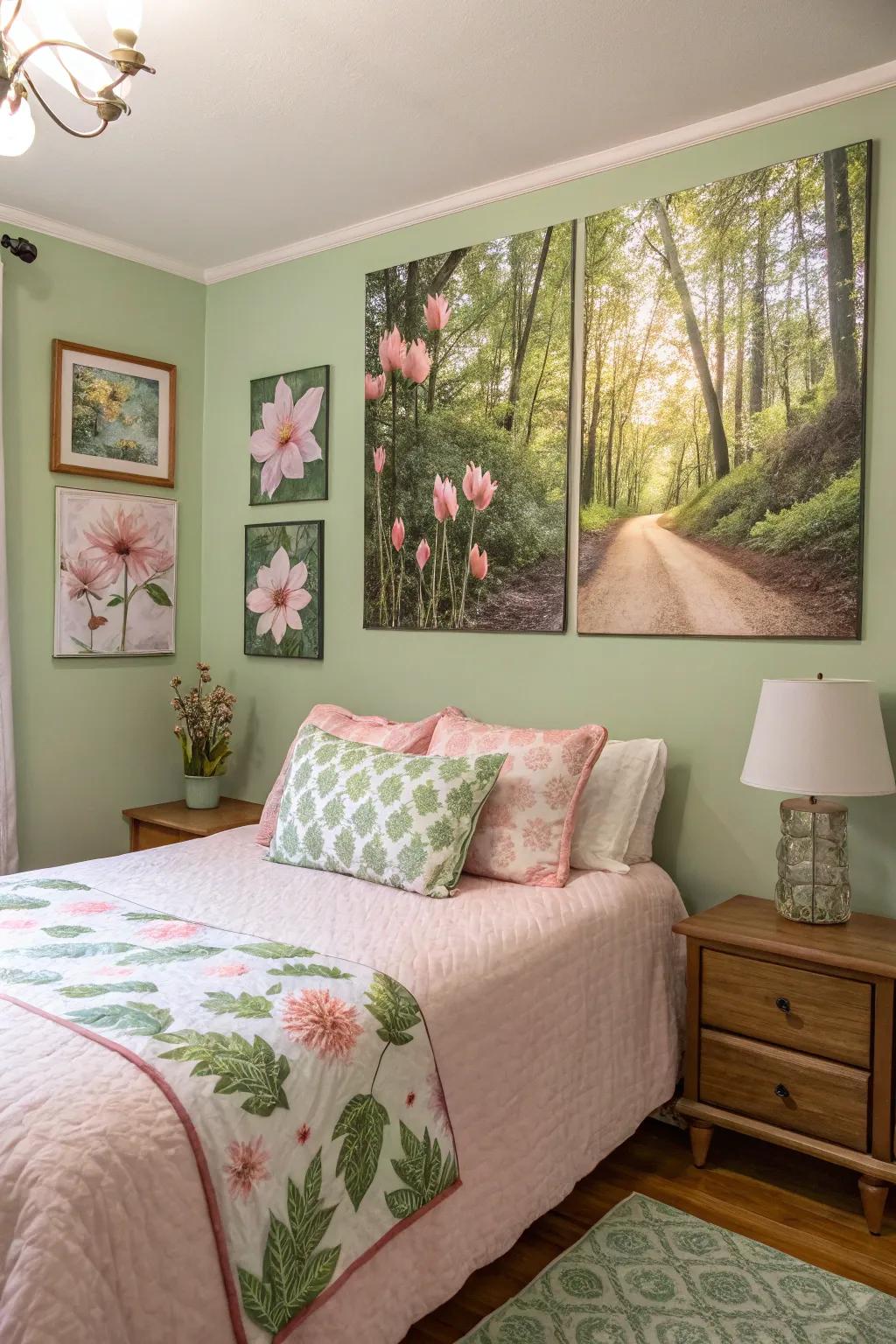 Nature-inspired art beautifully complements green and pink themes.