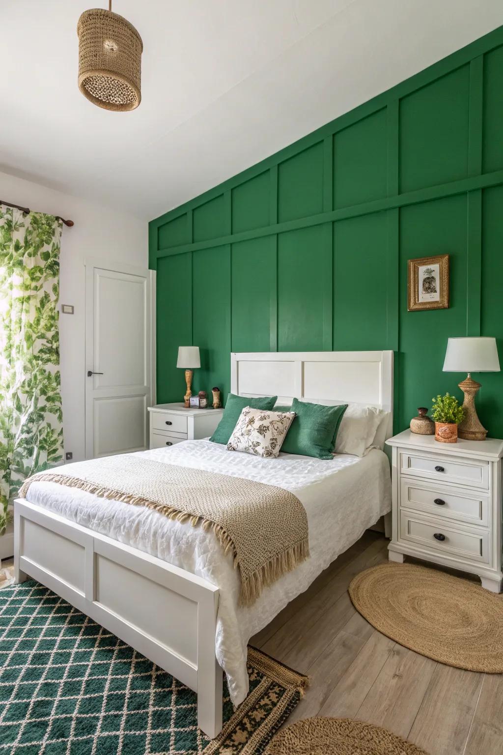 A striking verdant emphasized wall adds sophistication and depth.