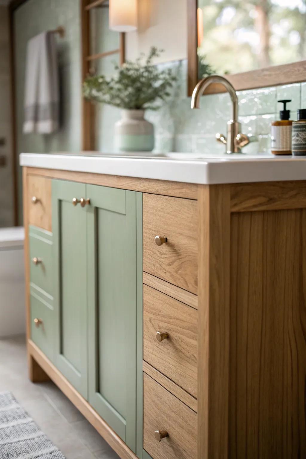 Sage green vanity creating a peaceful Zen-like space.