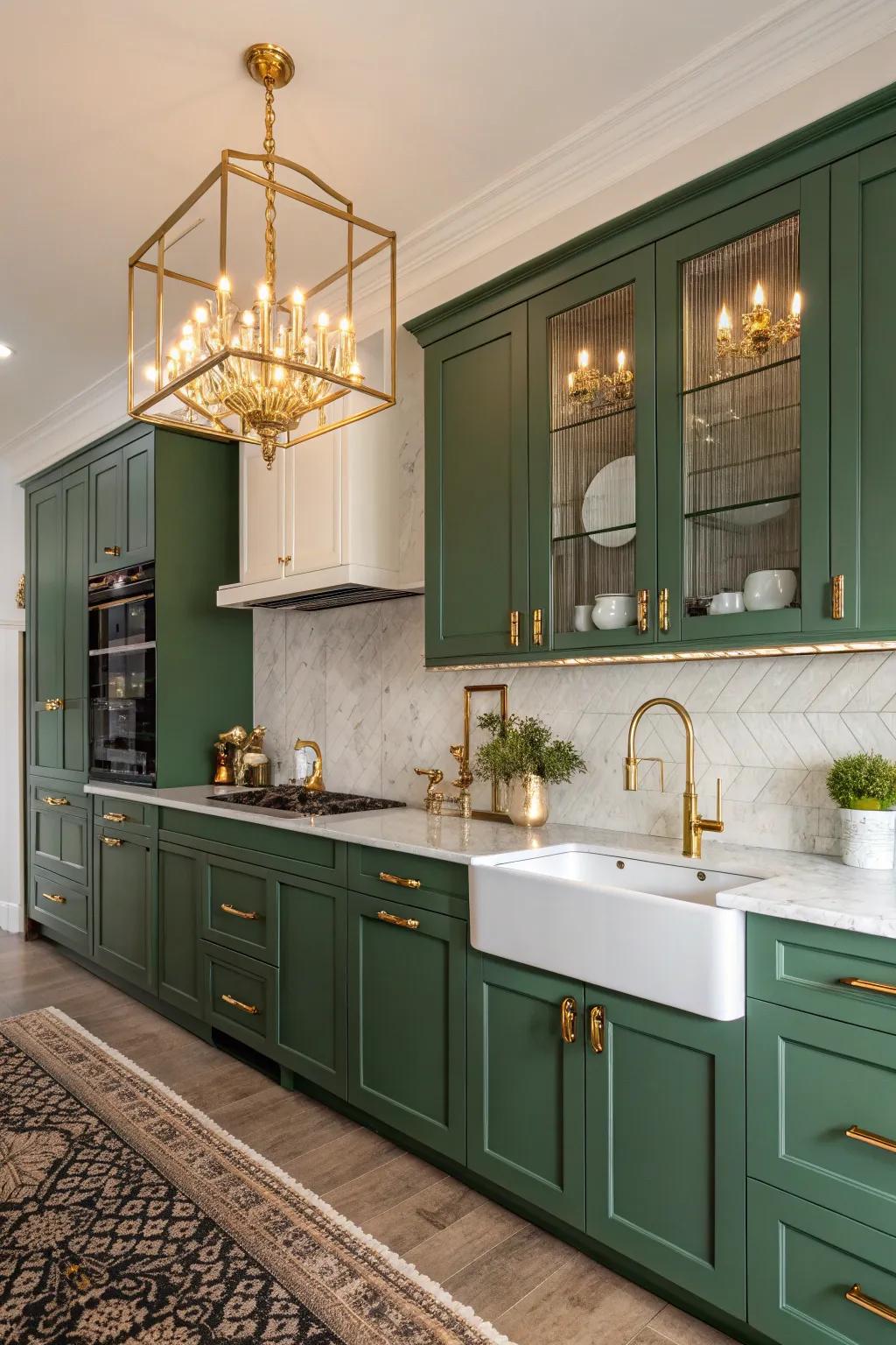 Opulent kitchen featuring jewel green cabinets and gilded features.