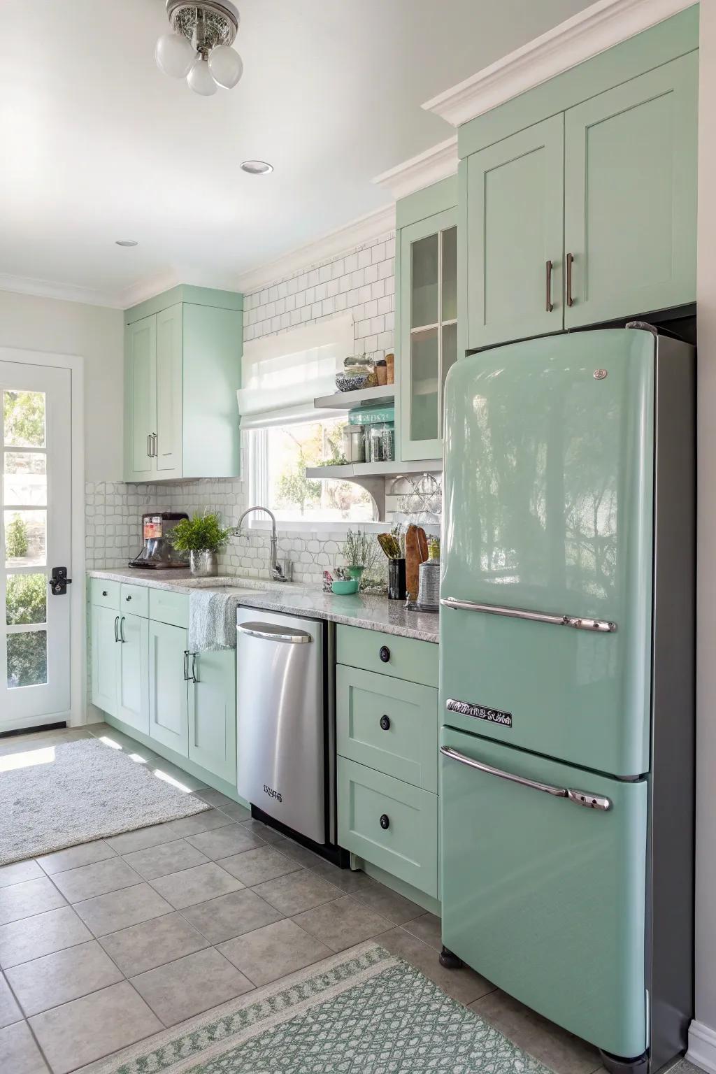 Spearmint green cabinets inject a lively and fresh accent into the kitchen.