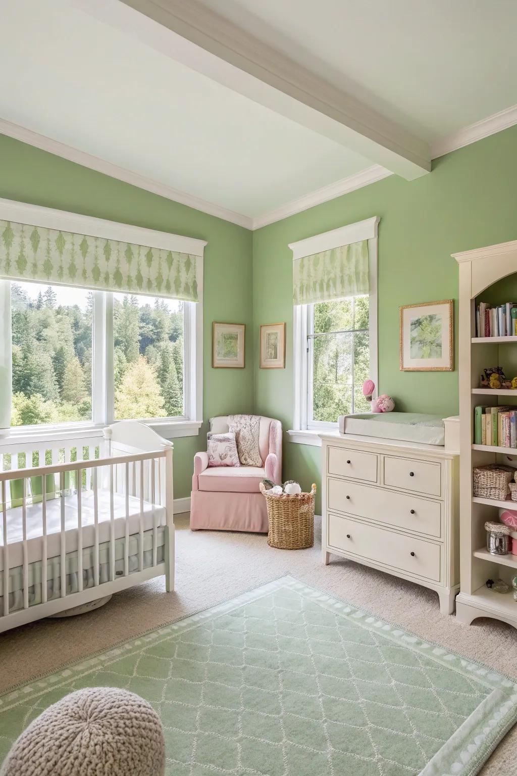 Unbiased furniture matches the soothing green backdrop.