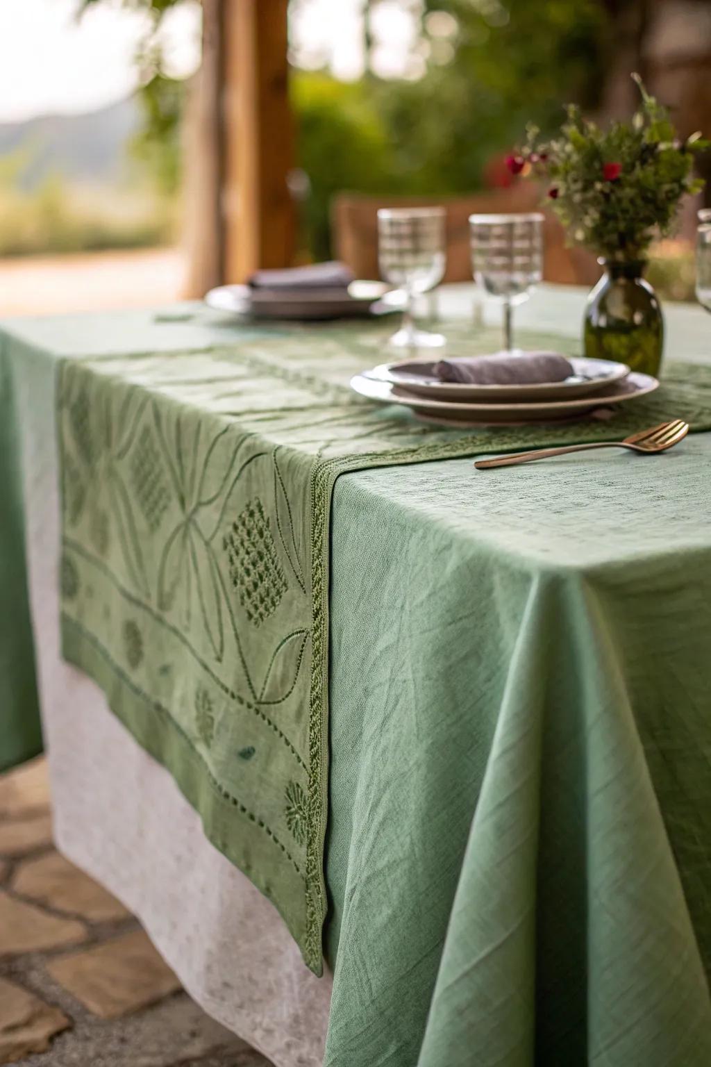 A textured green tablecloth gives depth to the setting.