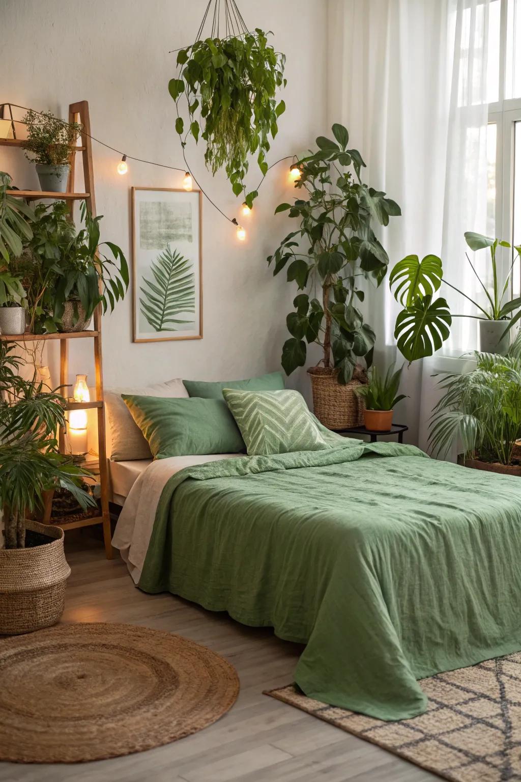 A serene sleeping space adorned with emerald bed linens.