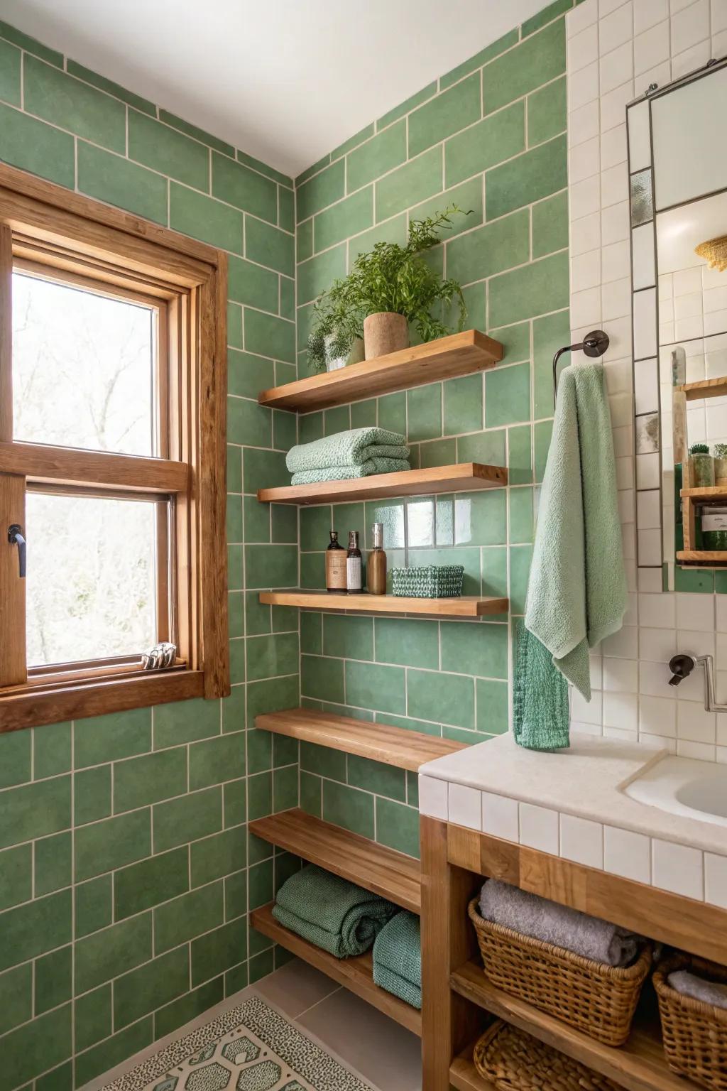 Green tiles and wood create a harmonious, earthy feel.