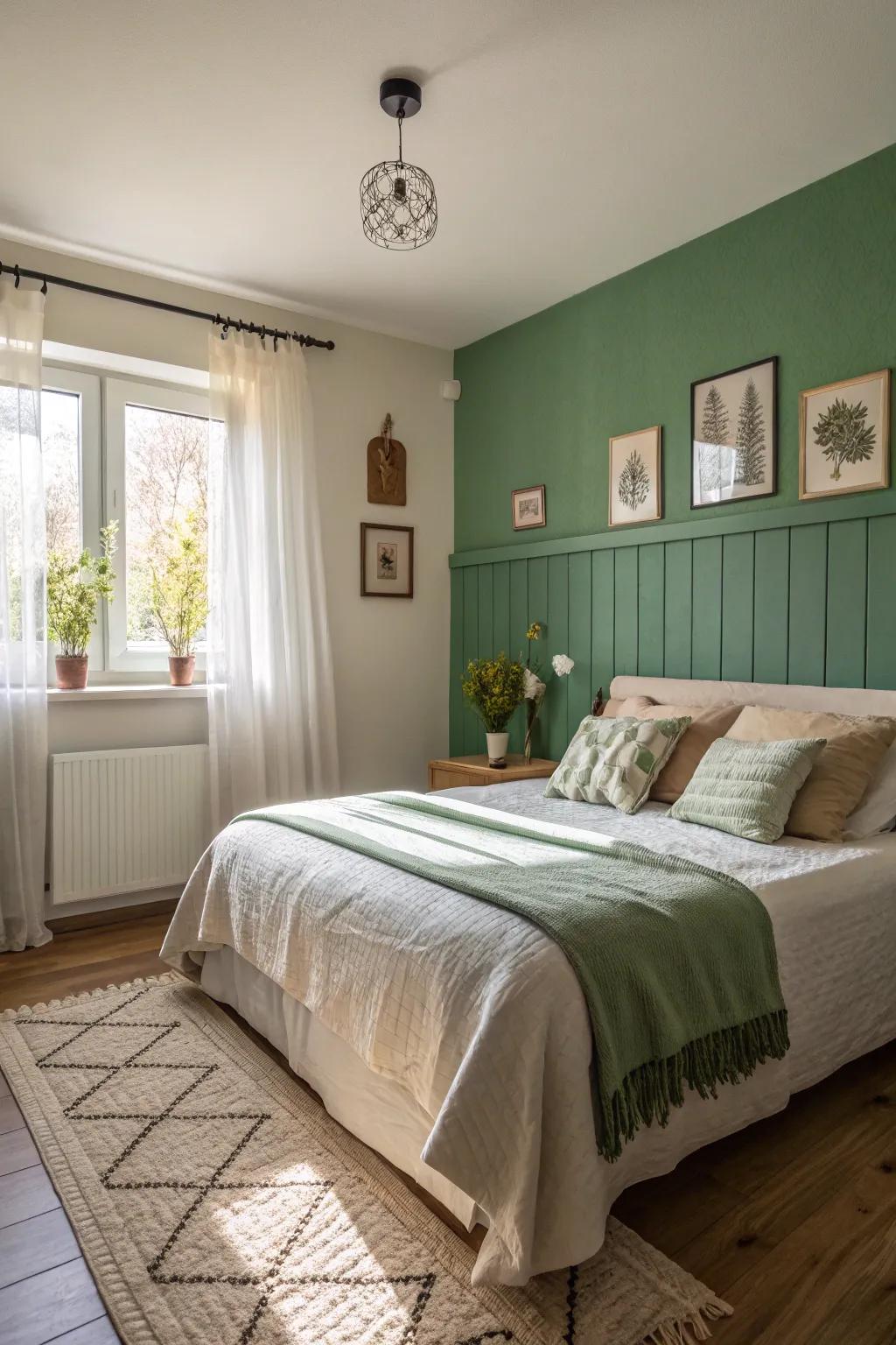 A lush green accent wall creates a welcoming and comfortable bedroom atmosphere.