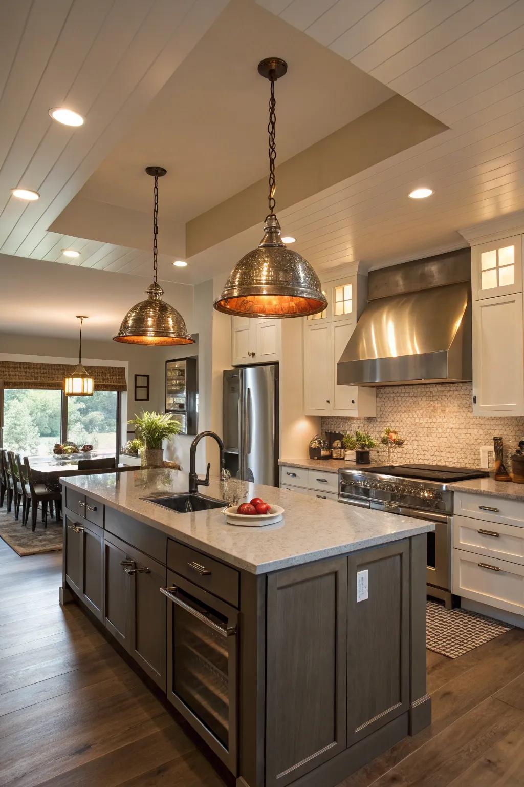 Polished hanging illumination within a modern kitchen