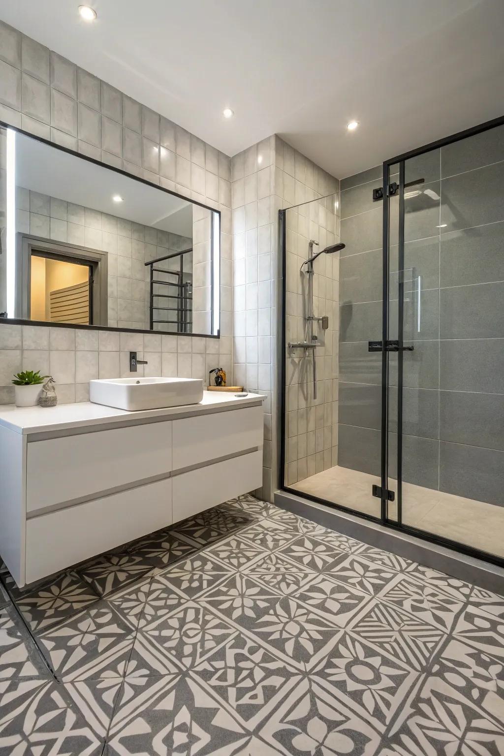 Textured tiles enhance the visual appeal of a grey bathroom.