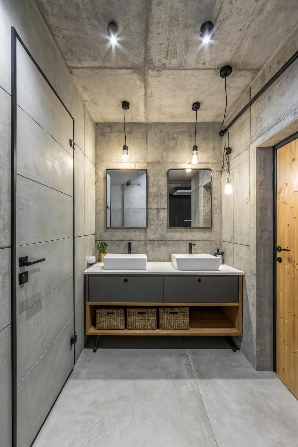Grey similar to concrete establishes an urban chic aesthetic in this minimalist bathroom.