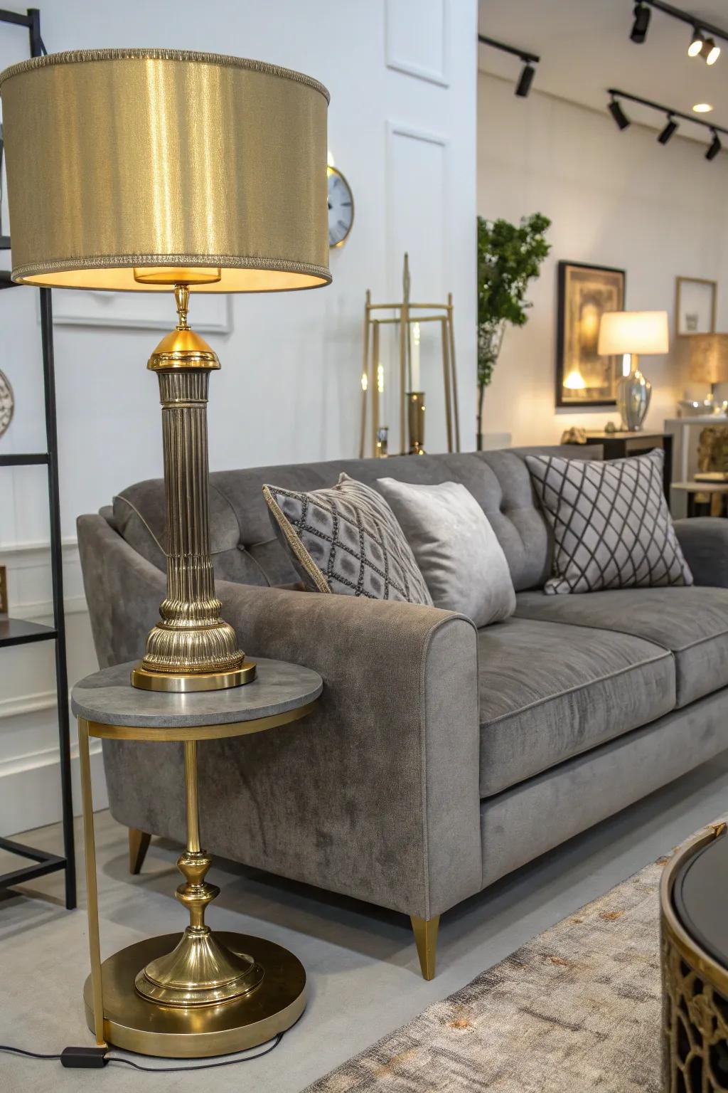 Grey sofa styled with elegant shimmering touches.
