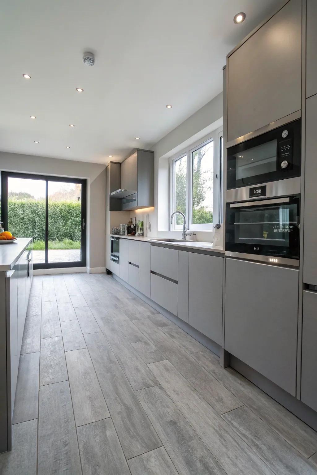 Grey vinyl flooring adds both style and practicality to this modern kitchen.
