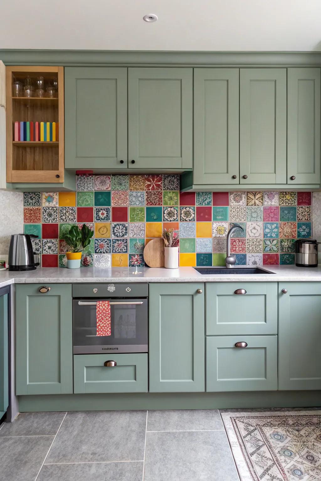 A vibrant backsplash creates a striking contrast with elegant grey-green cabinets.