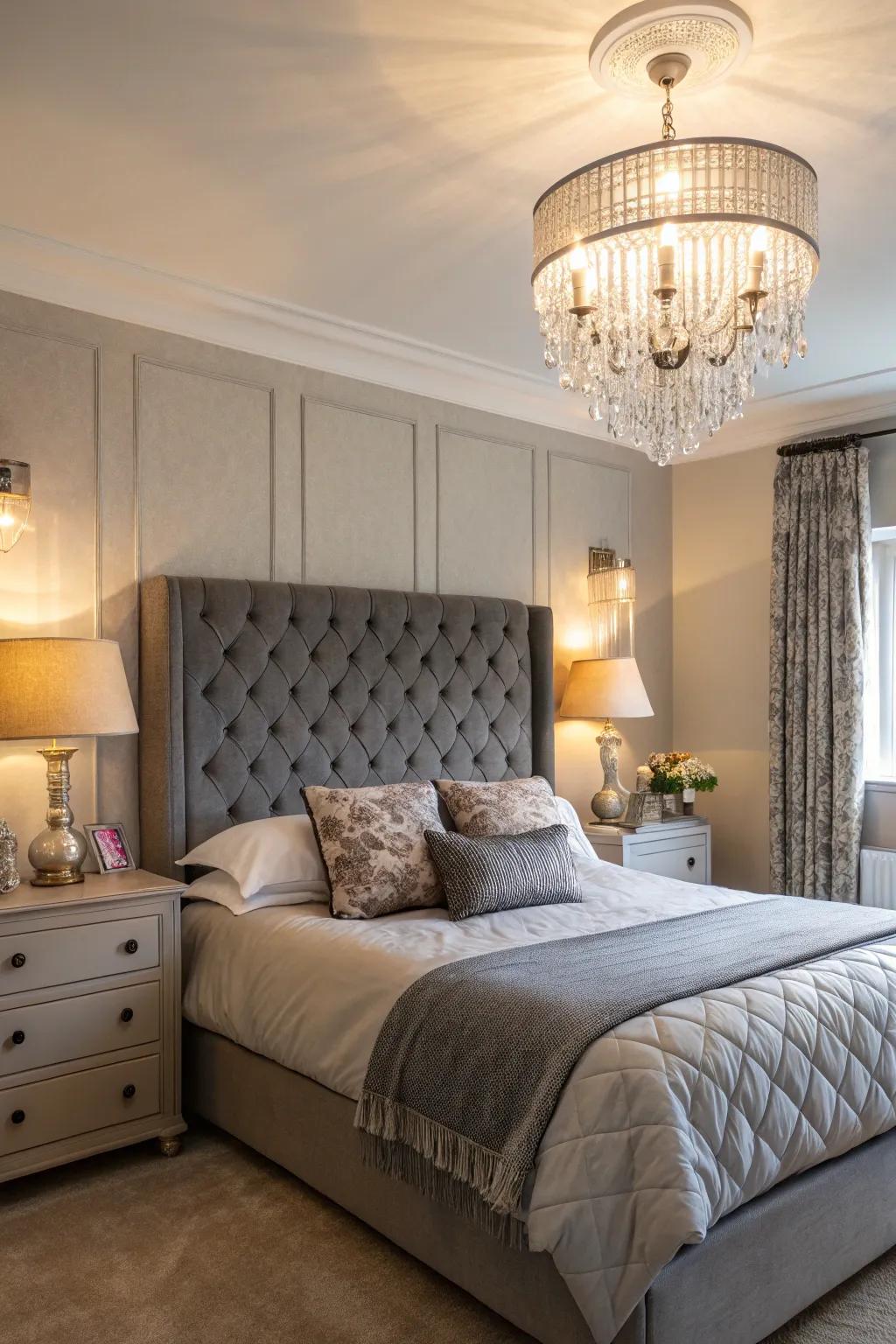 A bedroom featuring a grey headboard, illuminated by both a stylish pendant and soft lamps.