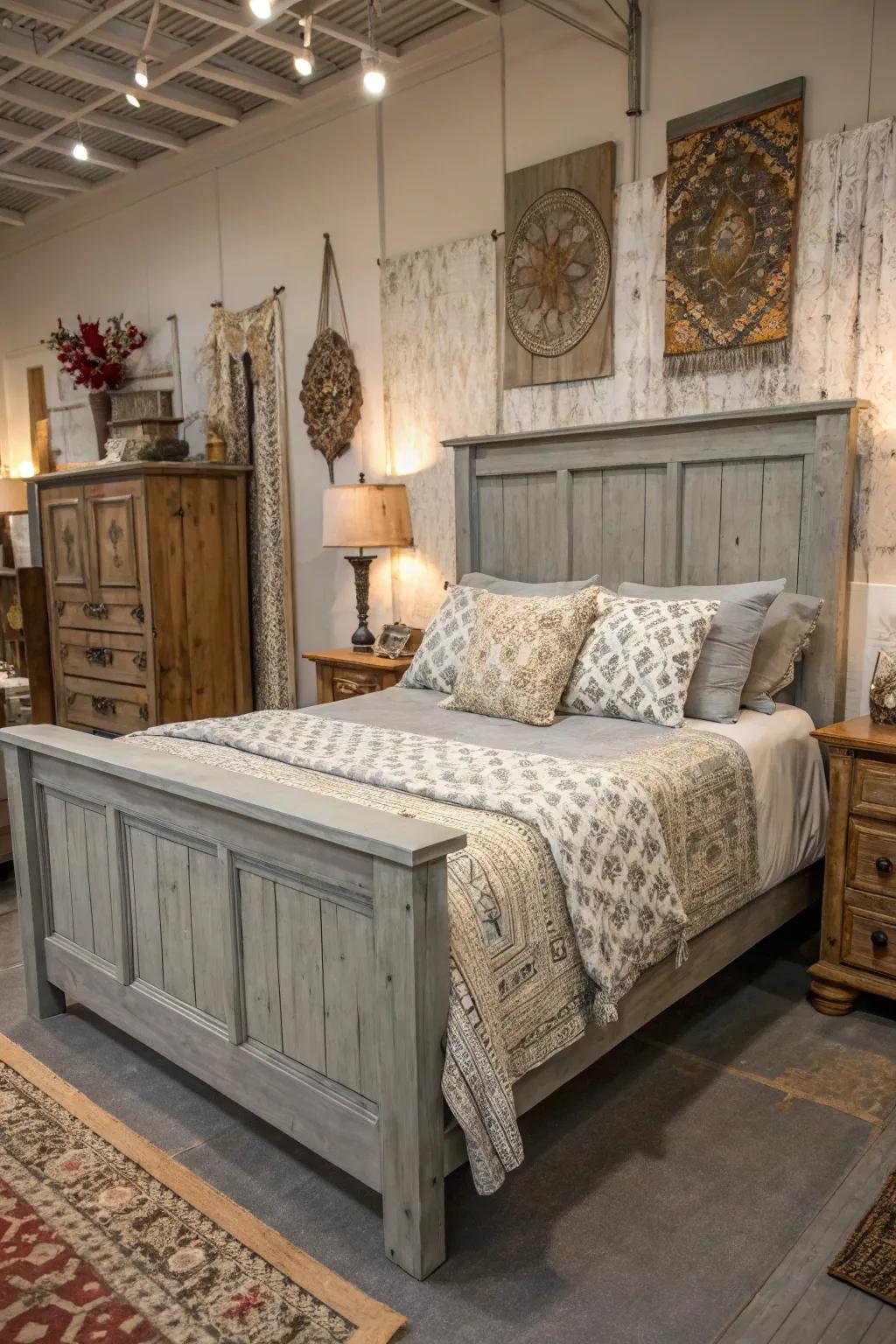 Capture farmhouse charm with rustic grey furniture for a comforting bedroom.