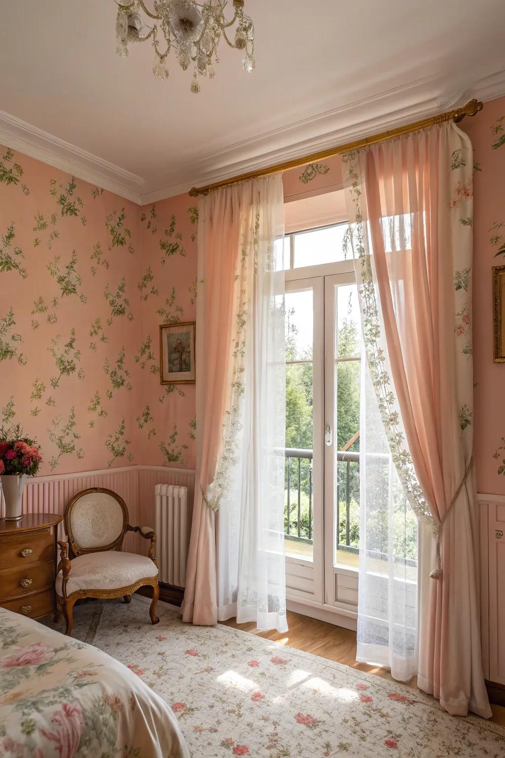 A guest room bathed in peachy pink hues for a welcoming ambiance.