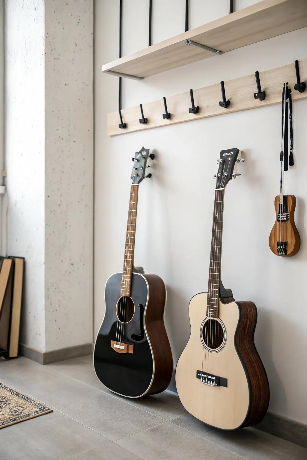 Guitars displayed on minimalist hooks for a clean look.