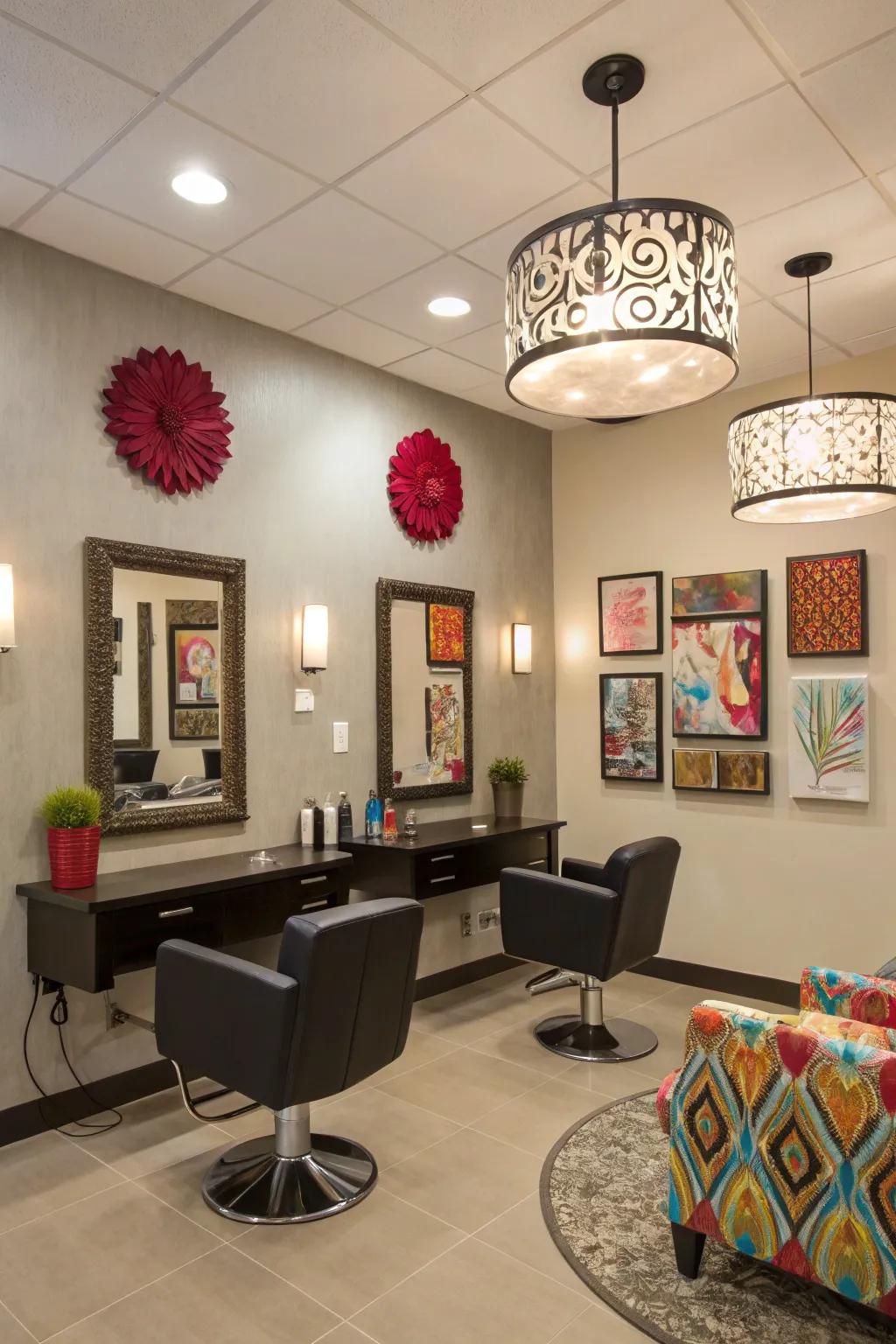 Muted hues accented with striking pops cultivate a chic atmosphere.