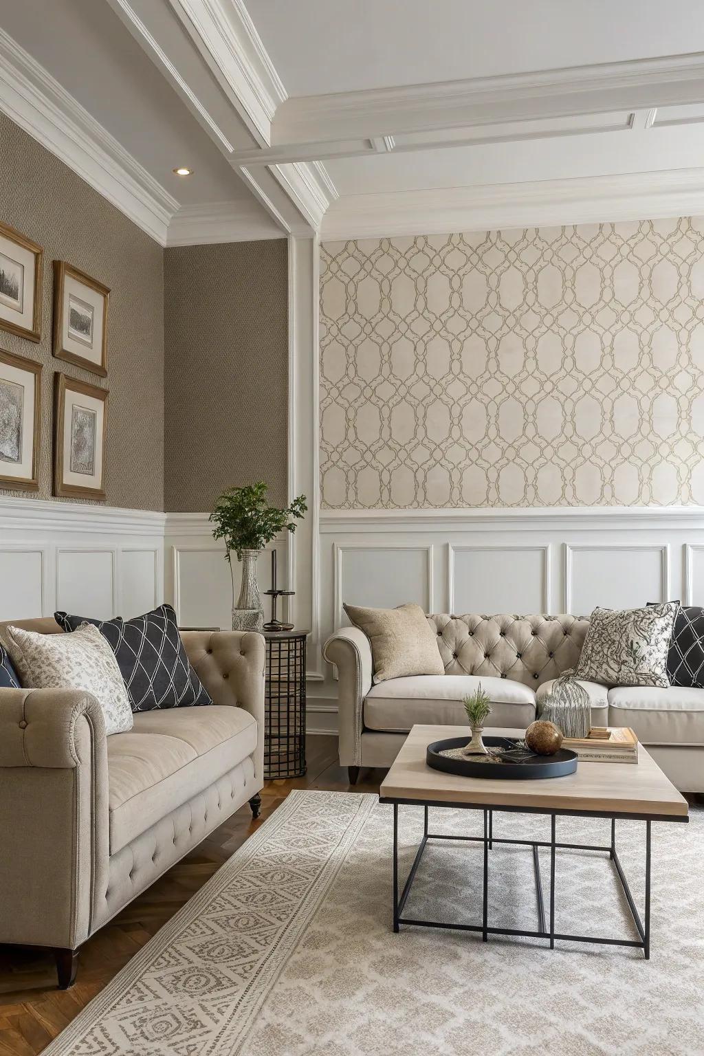 A sophisticated living room with wainscoting and textured wallpaper, offering timeless elegance.