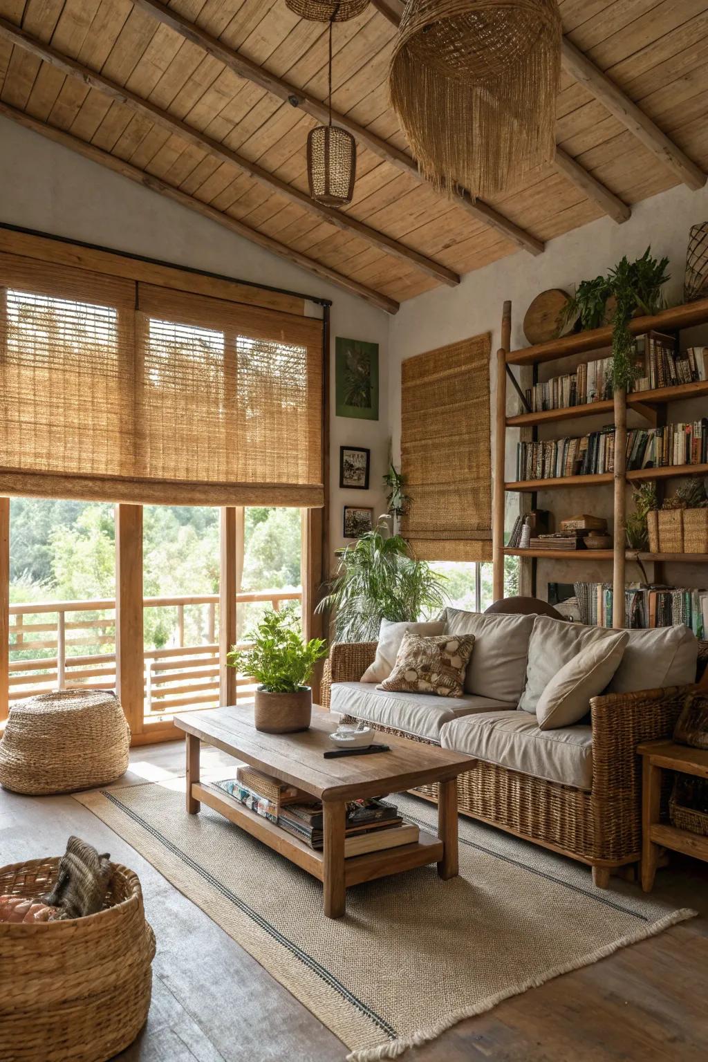 A country-style living room featuring bamboo half window fashions.