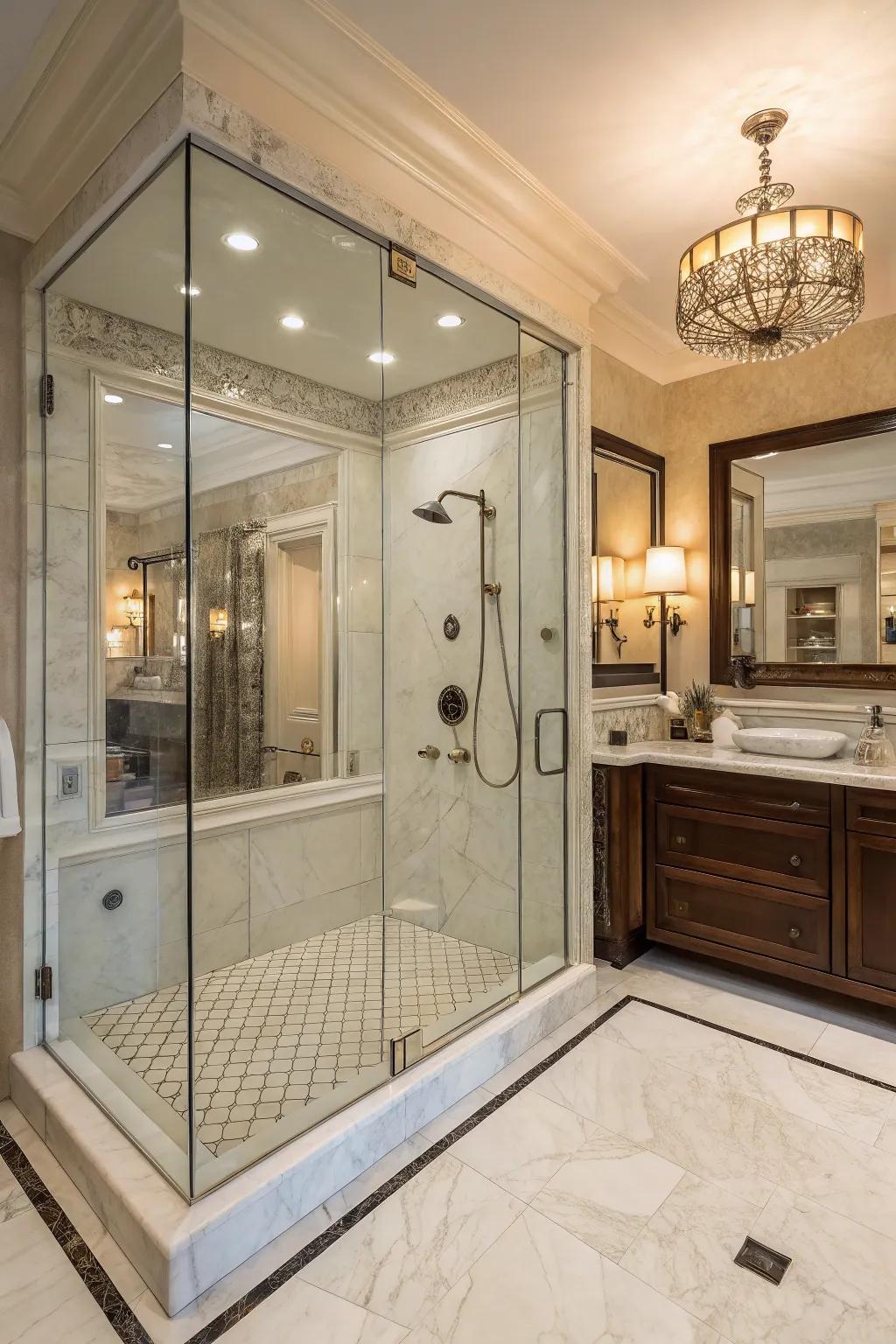 A walk-in shower transforms a hall bathroom into a spa-like retreat.