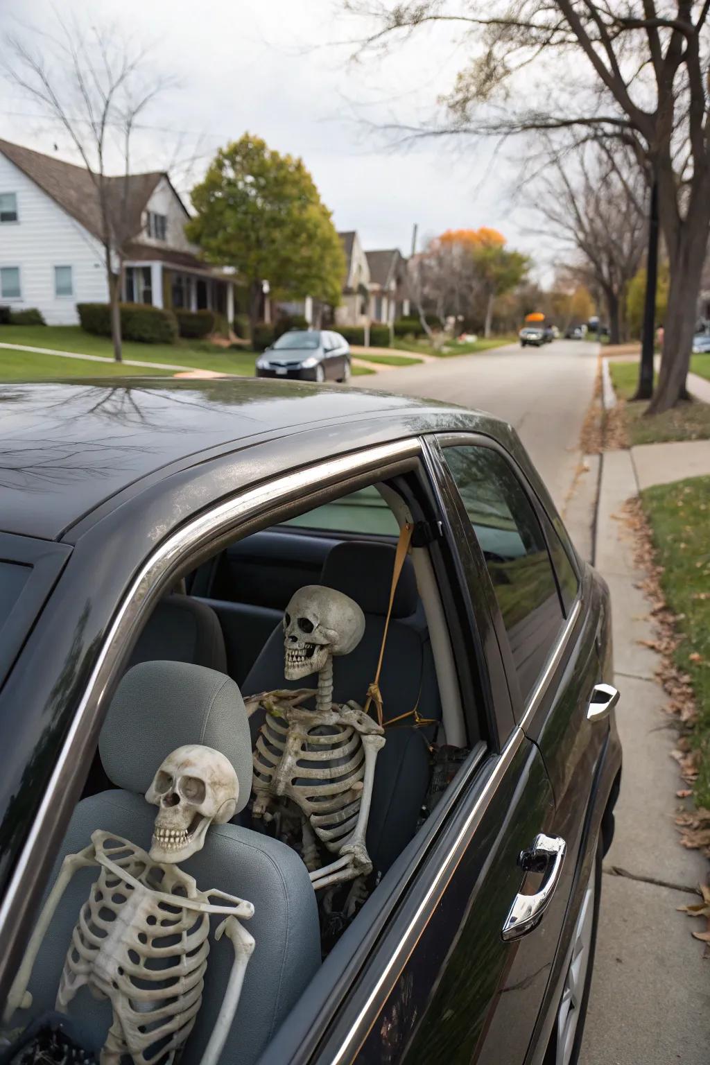 Skeletons serve as amusing and eerie passengers.