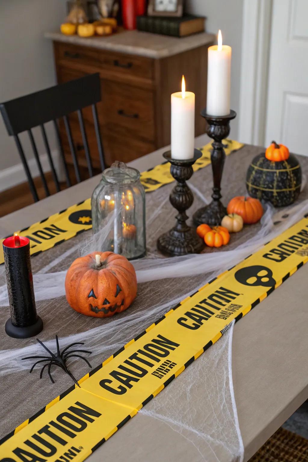 A spooky dining table set-up using warning ribbon as the table runner.