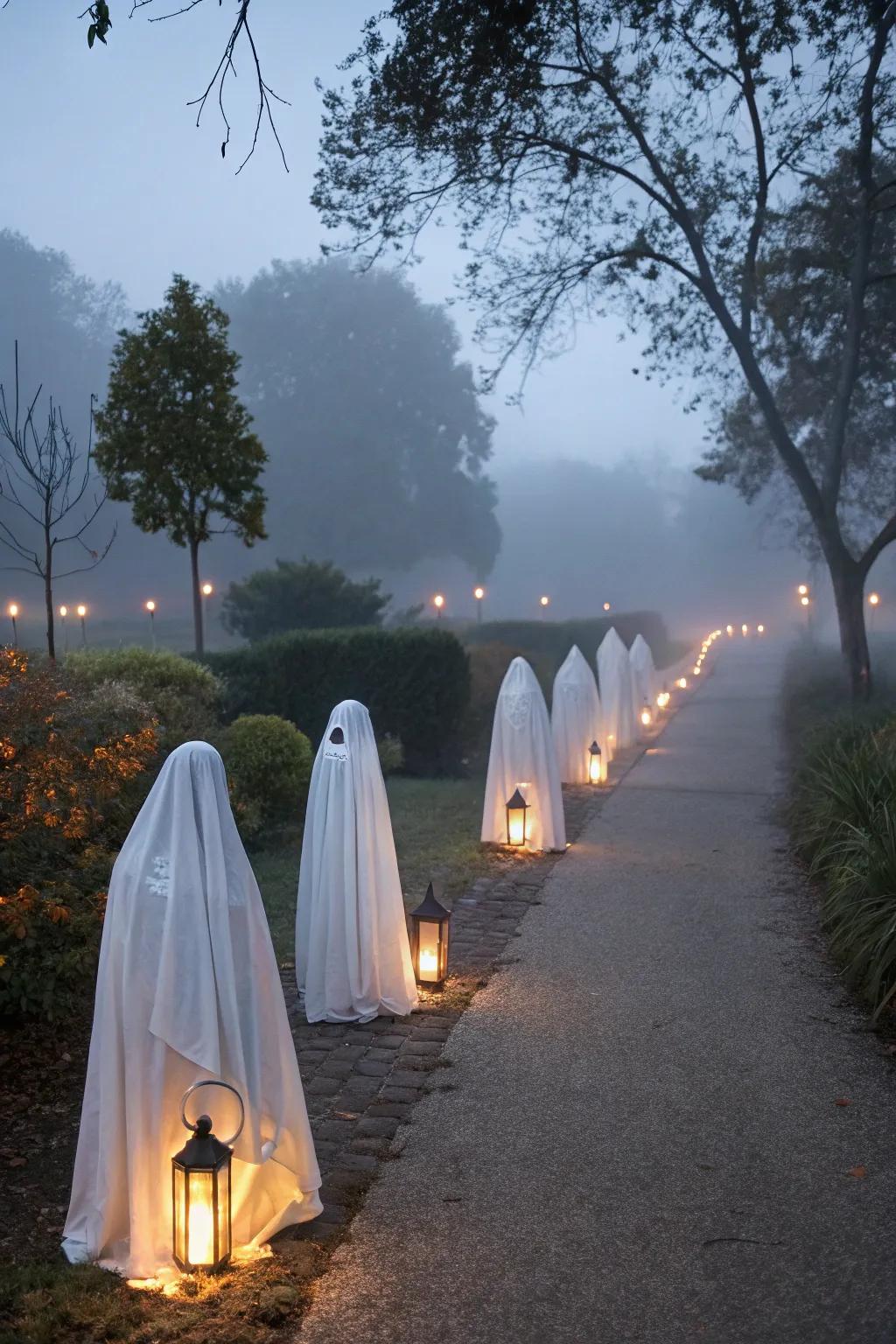 Ghostly lanterns illuminate a pathway with a soft, mysterious glow