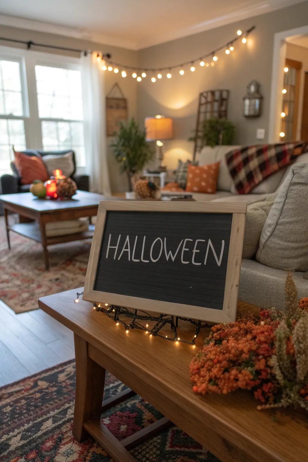 A customizable slate board with a Halloween sentiment.