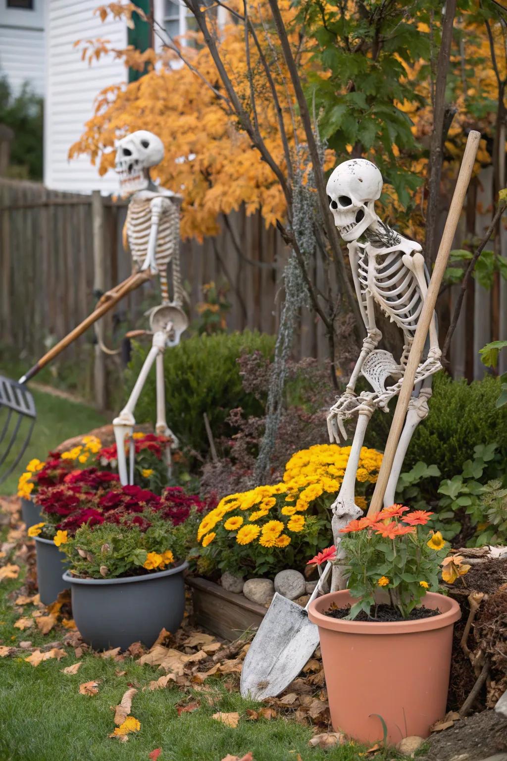 Gardening skeletons add a playful touch to your outdoor Halloween decor.