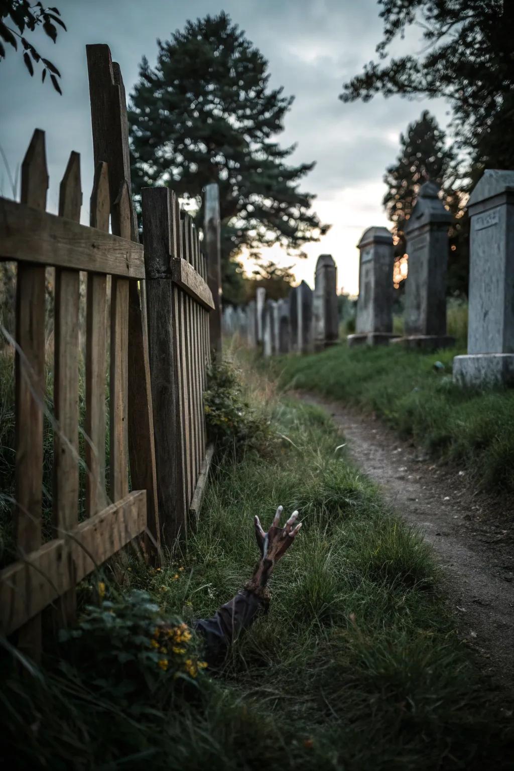 A chilling graveyard scene with zombies rising from their graves.