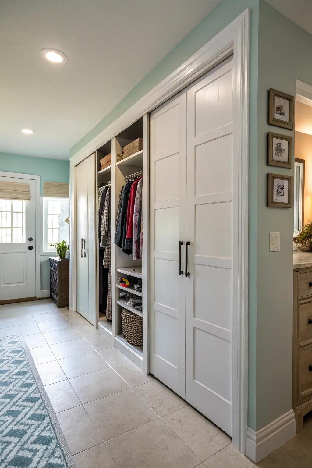 Go for folding fronts in narrow corridors to save space.
