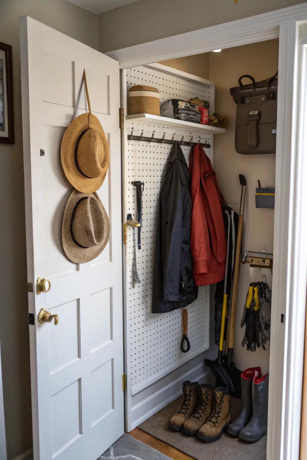 Perforated board affixed inside a corridor closet door utilized for suspending accessories.