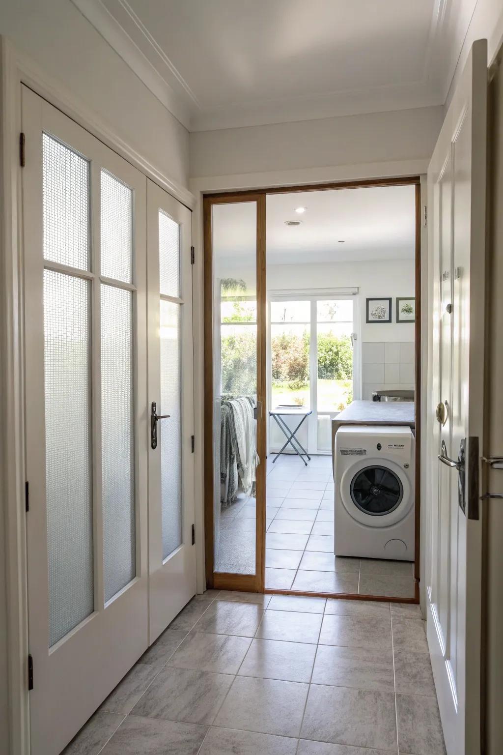 Etched glass doors brighten and enlarge a corridor washing space.