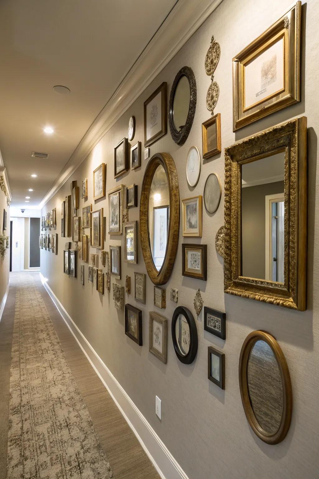 A mirror gallery wall adds dynamic interest and charm.