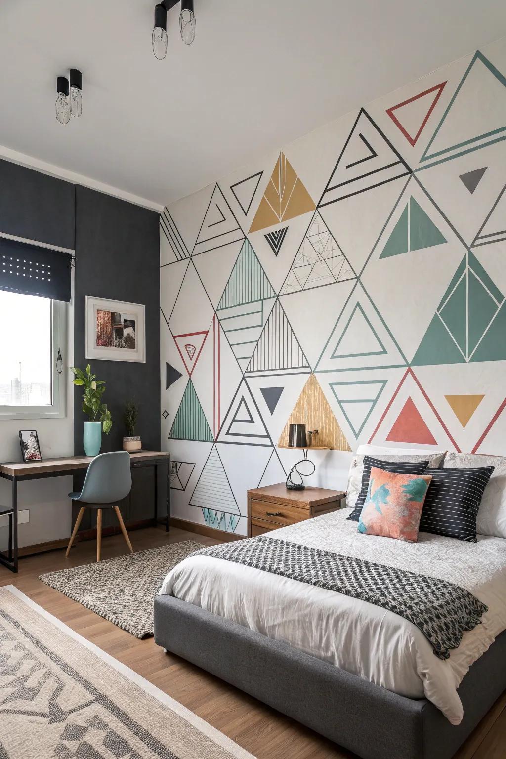 Geometric patterns give dimension and interest to this bedroom.