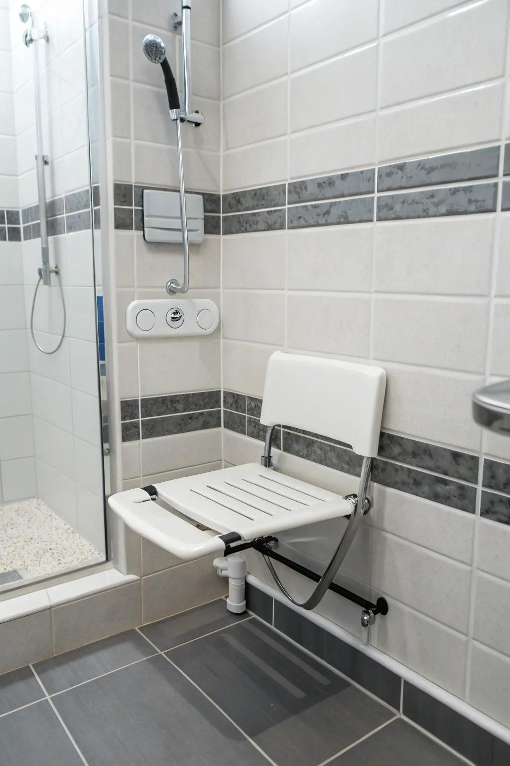 A stowable seat offers versatile seating options in the shower.