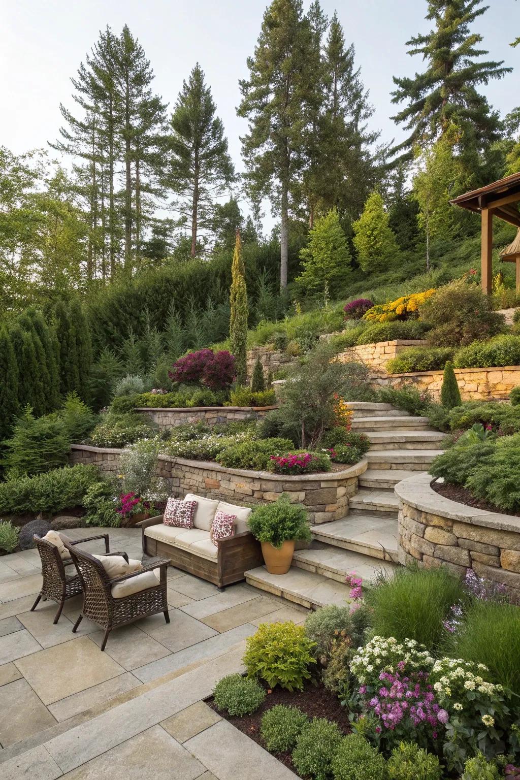 Graduated landscaping enriches your outdoor space with layered depth and visual interest.