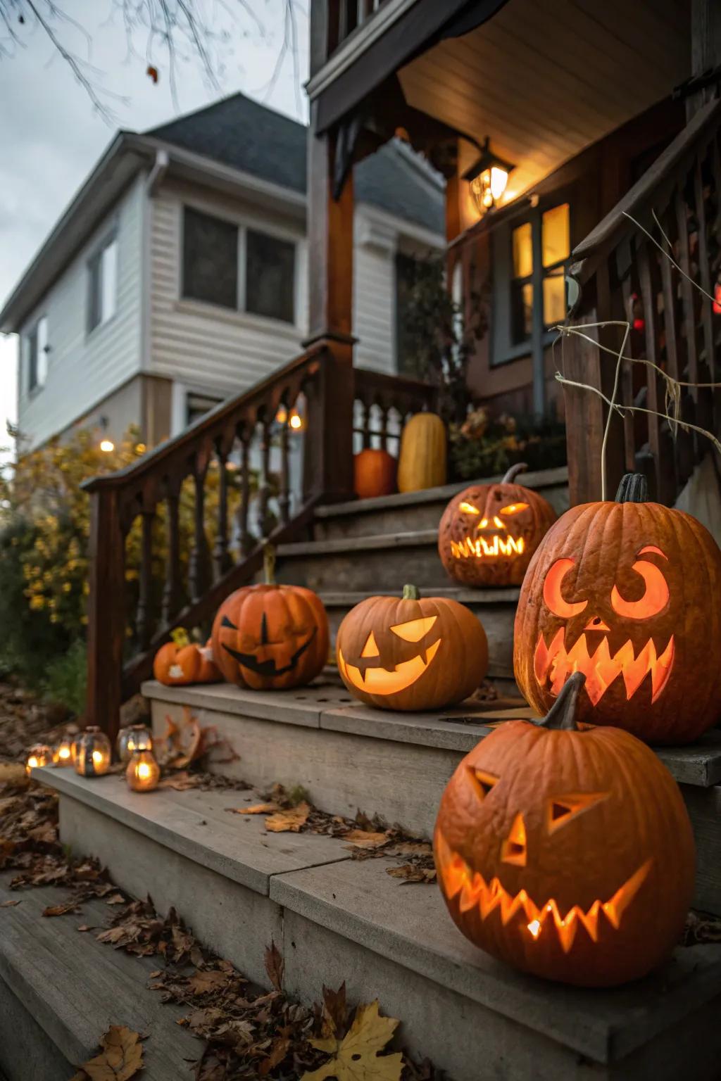 Establish an inviting yet eerie entrance with a gourd lantern arrangement.