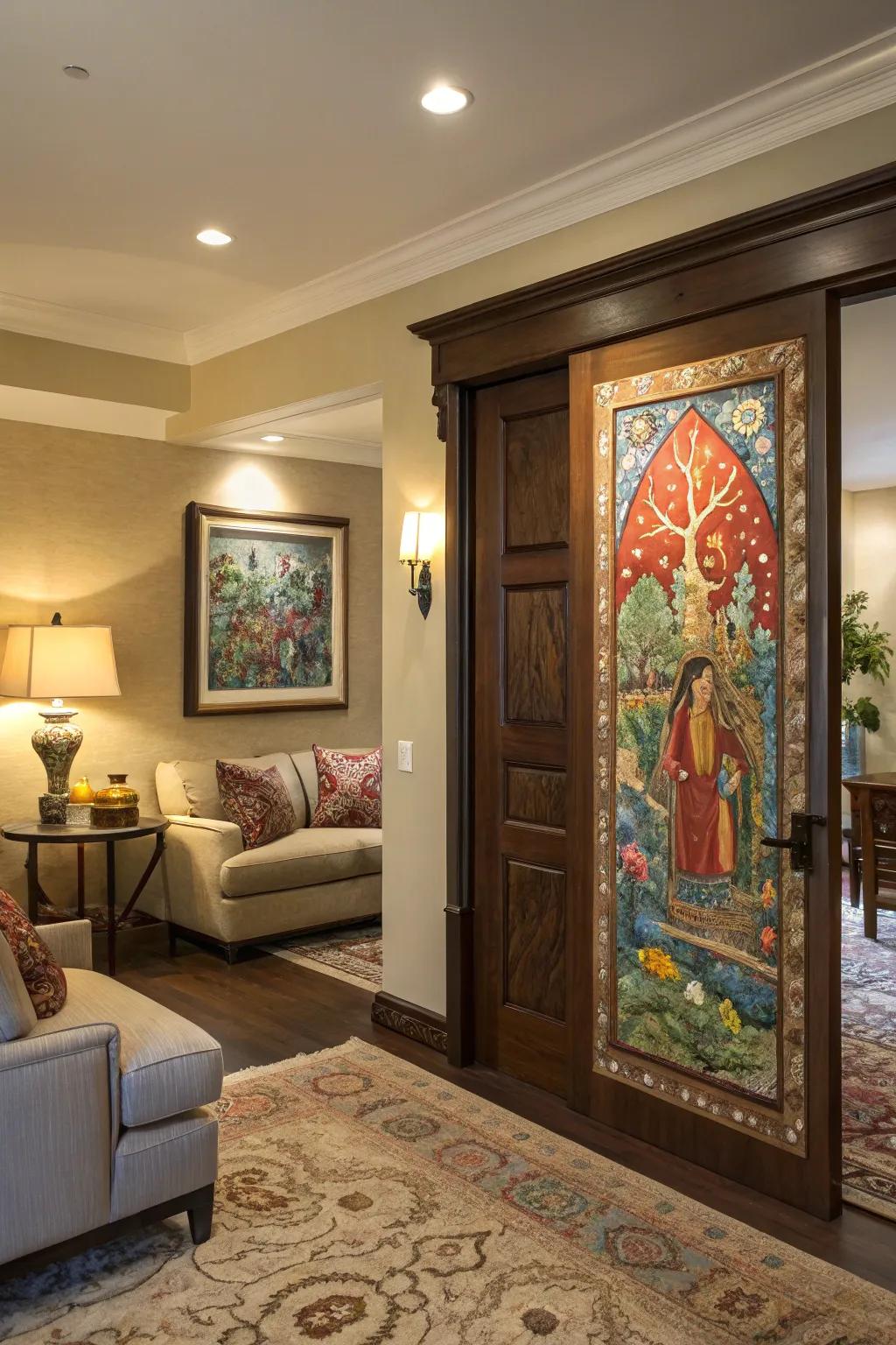 A living area where a hidden door is cleverly concealed behind artwork.