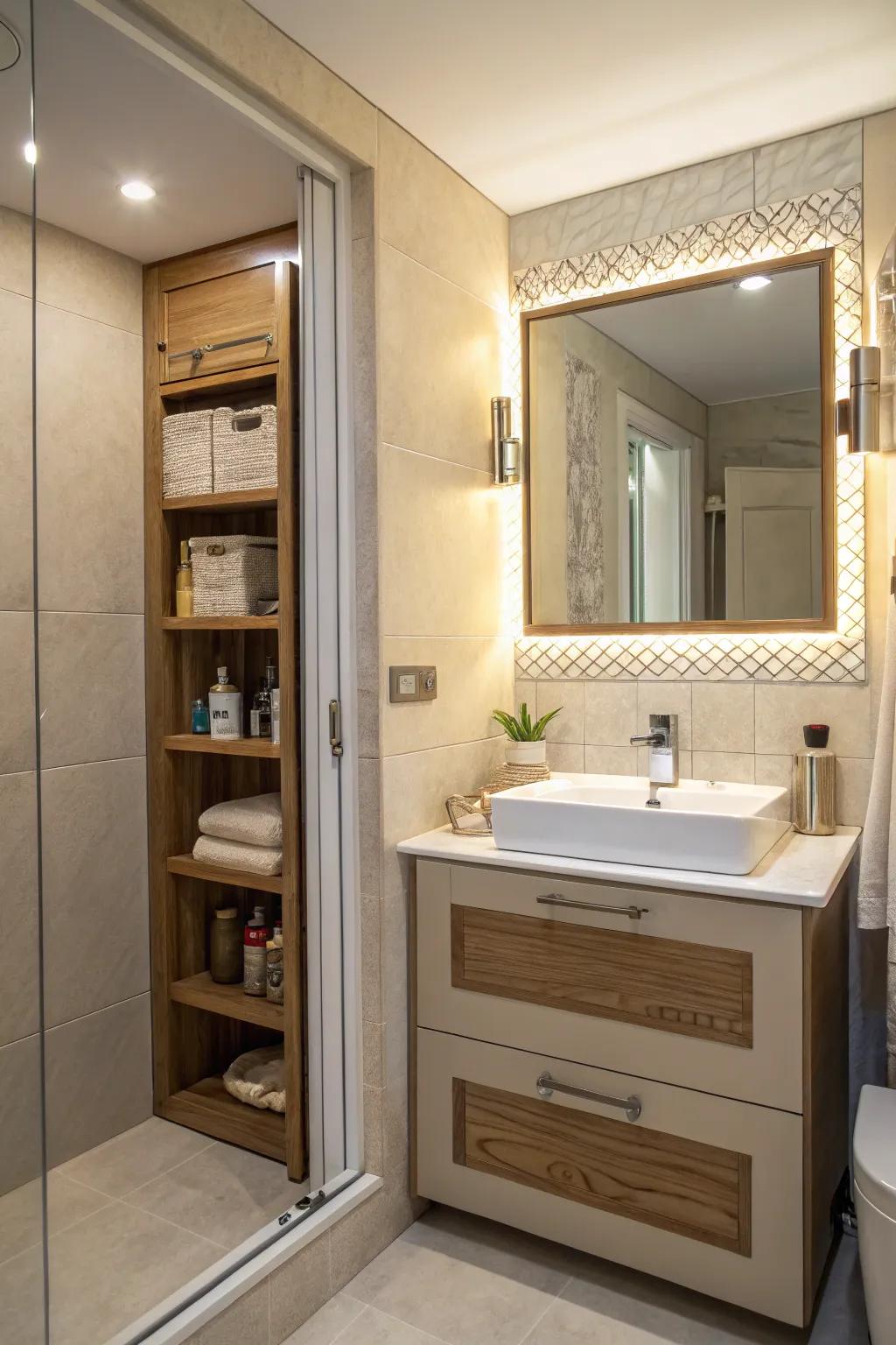 A side mirror giving hidden storage capacity within a restroom.